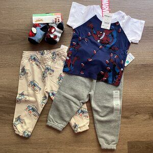 12 month Garanimals Fleece Joggers + Marvel Spidey T-Shirt & Socks Bundle